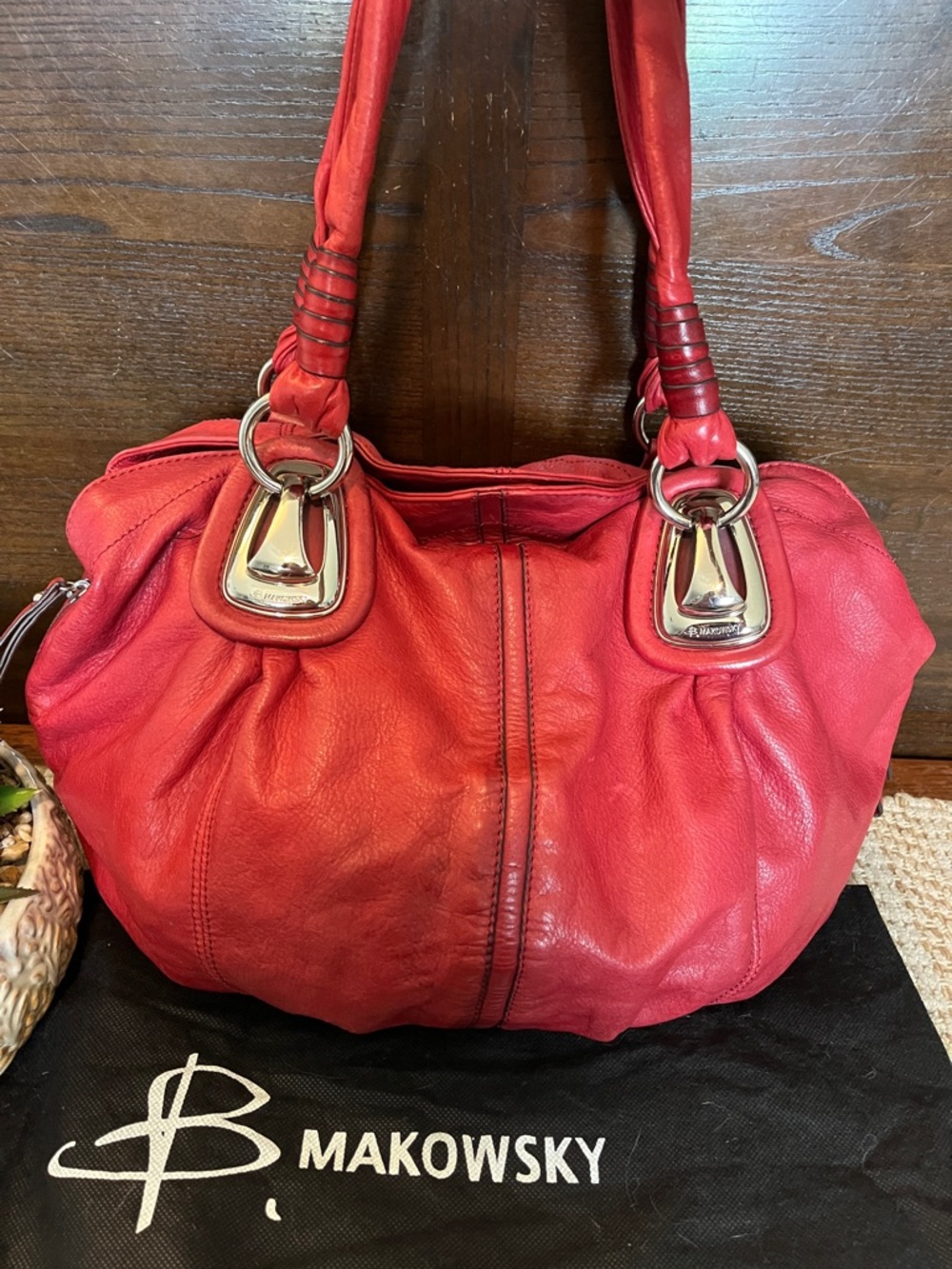 b. makowsky Red Leather Satchel with Silver Accents